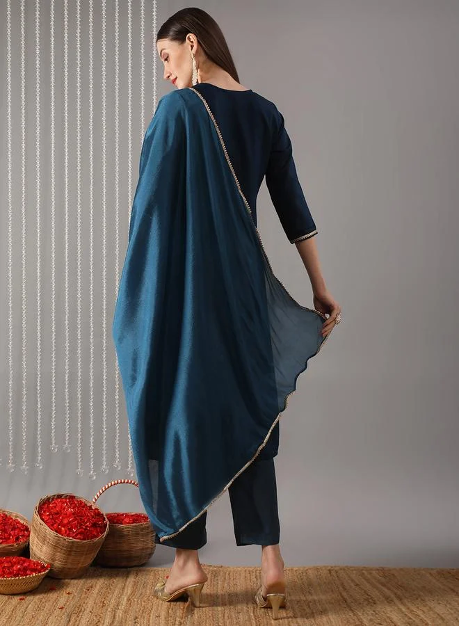 globus Women Navy Blue Embroidered Straight Kurta with Pant and Dupatta Set